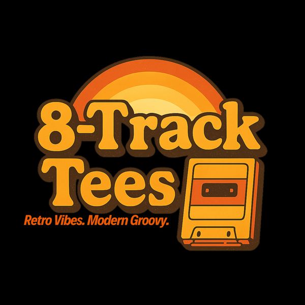 Logo for 8-Track Tees with retro design.