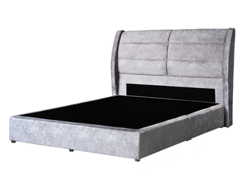 Modern grey upholstered bed frame with a padded headboard.