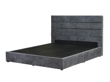 Modern grey upholstered bed frame with a padded headboard.
