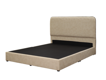 Beige upholstered bed frame with tall headboard.