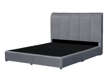 Modern grey upholstered bed frame with a tall headboard and black mattress.