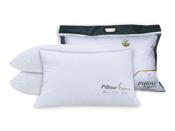 Two white pillows and pillow packaging with "Pillow Expert" label.