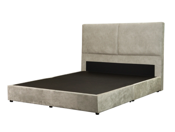 A modern upholstered bed frame with a tall headboard in light gray fabric.