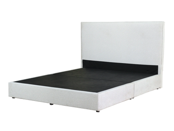 A modern, minimalist bed frame with a white upholstered headboard and base.