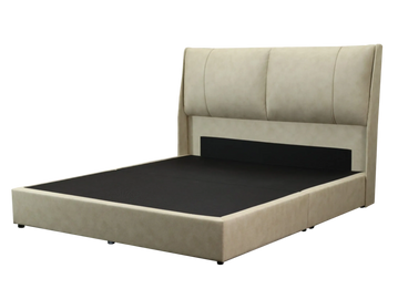 Beige upholstered bed with a padded headboard.