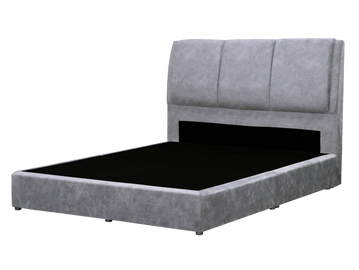 Modern gray upholstered bed frame with high padded headboard.