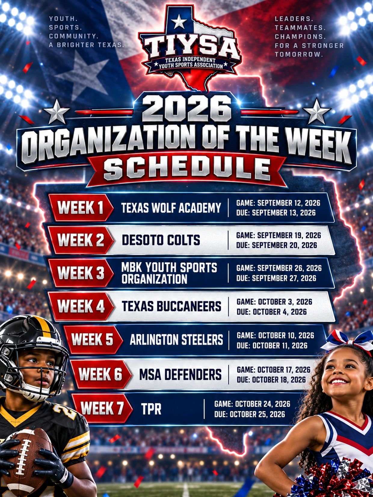 2026 TIYSA Organization of the Week football schedule with game and due dates.