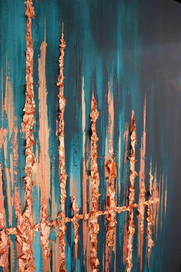 linear and angled streaks of copper paint and leaf on large modern abstract commission painting.