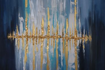 Close up of modern abstract painted in acrylics with gold to contrast tehe blue and white