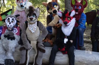 A group of people in colorful animal costumes posing outdoors on a log.