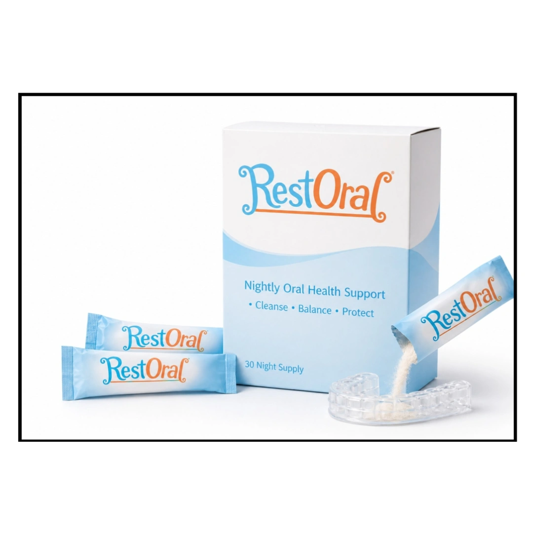 RestOral nightly oral health support powder with night guard.