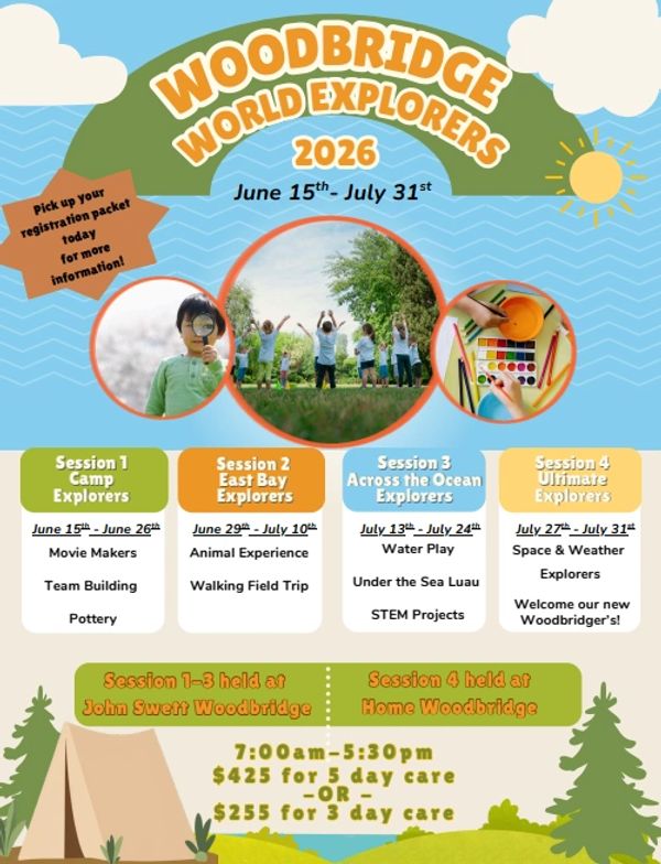 Flyer for Woodbridge World Explorers summer camp sessions in 2026 with various activities.