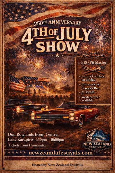 Vintage poster for 250th 4th of July Show with fireworks and classic cars.