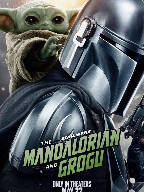 The Mandalorian holding Grogu from Star Wars, poster style.