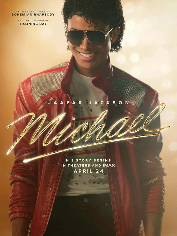 Movie poster for 'Michael' featuring Jaafar Jackson in a red jacket and sunglasses.