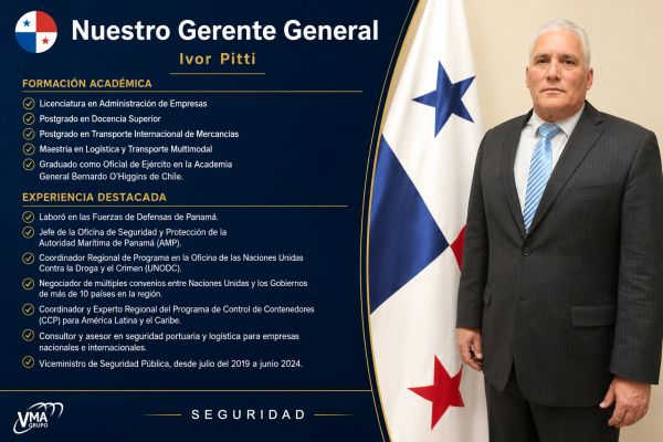 Retrato formal de Ivor Pitti, Gerente General de VMA Grupo, junto a la bandera de Panamá.