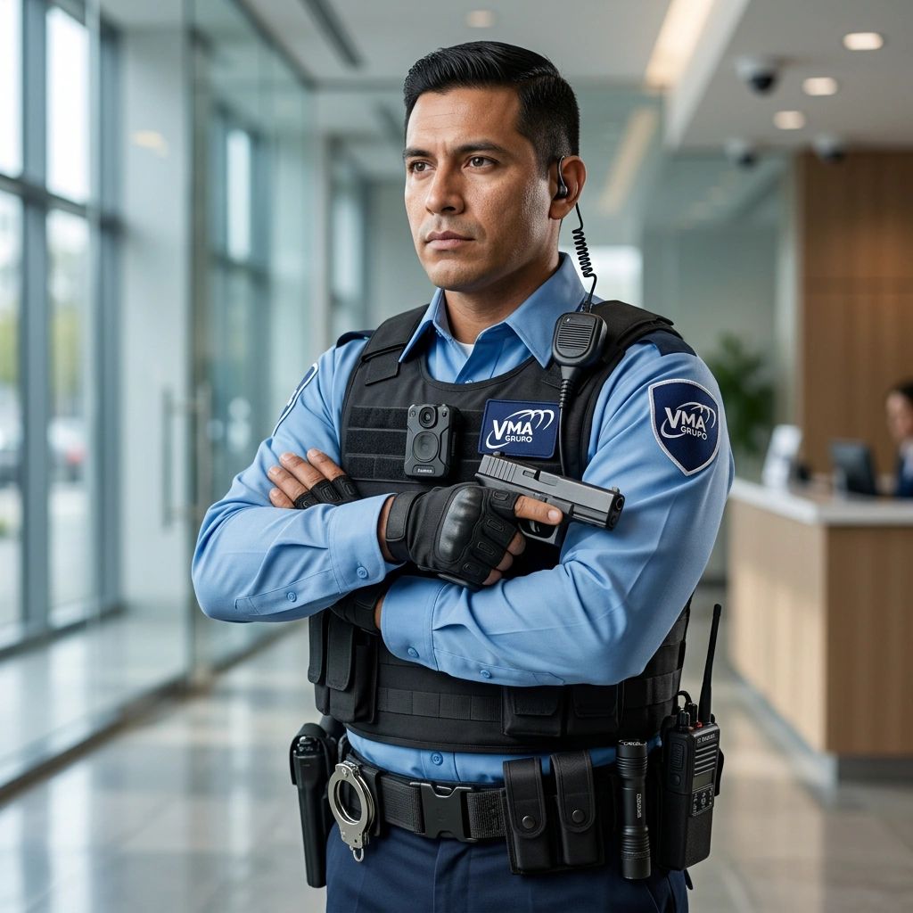 Guardia de seguridad con uniforme y arma en un edificio.