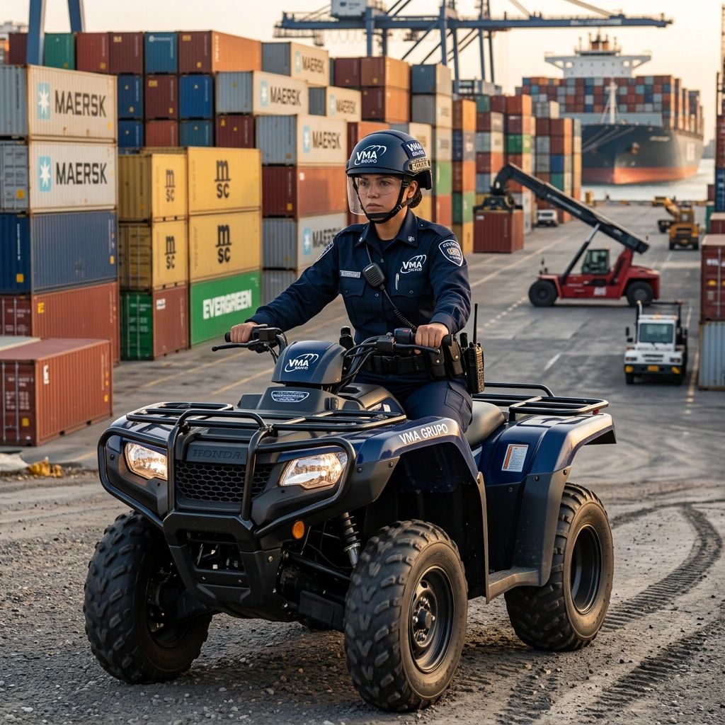 Guardia de seguridad en cuadraciclo en puerto de contenedores.