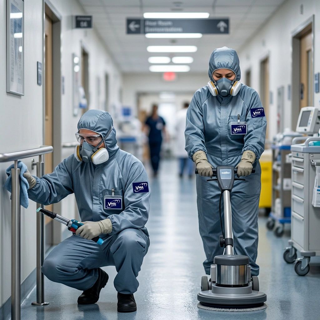 Dos personas con equipo de protección desinfectando un hospital.