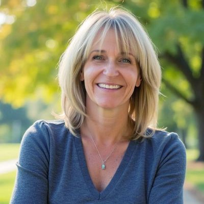 Smiling woman with blonde hair in a blue sweater standing outdoors.
