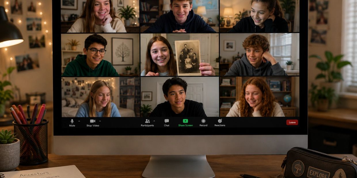 A group of smiling teens on a video call sharing family stories.