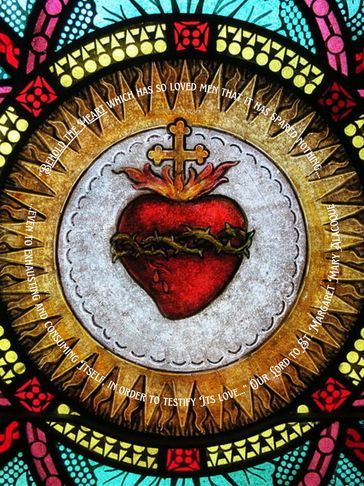 Stained glass Sacred Heart of Jesus with crown of thorns and cross.