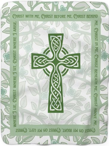 Decorative Celtic cross with a Christian prayer border on a floral background.