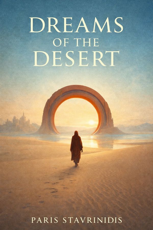 Person walking toward a desert arch at sunset.