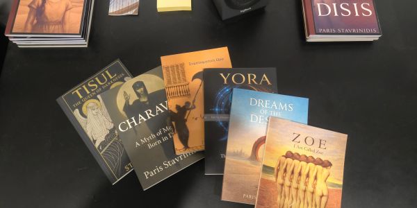 A collection of books by Paris Stavrinidis, including the CHRYSAVGI and YORA series, Dreams of the D