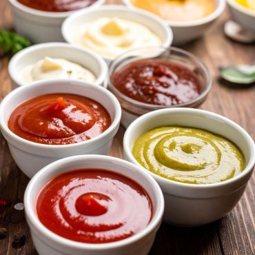 Salsas variadas en pequeños recipientes.