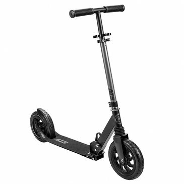 Black kick scooter with large wheels.
