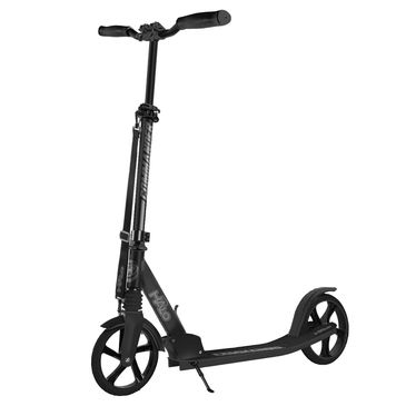 Black foldable kick scooter with large wheels.