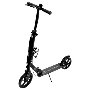 Black electric scooter with two large wheels.