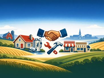 Community support being displayed through shaking of hands with rural and business icons. 