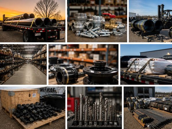 Industrial pipes, fittings, and tools in a warehouse and outdoor storage.