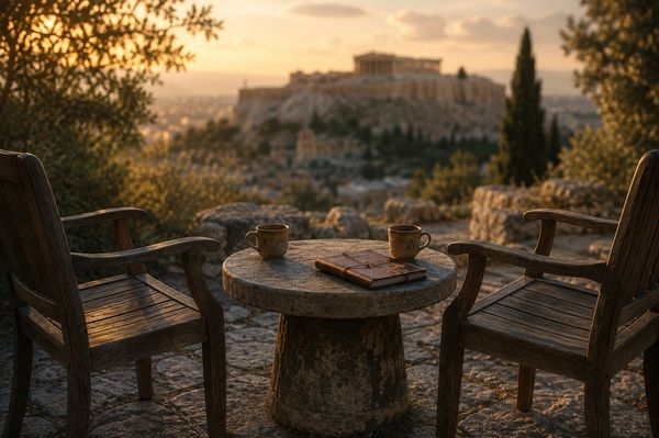 Cozy outdoor seating with historic view at sunset.