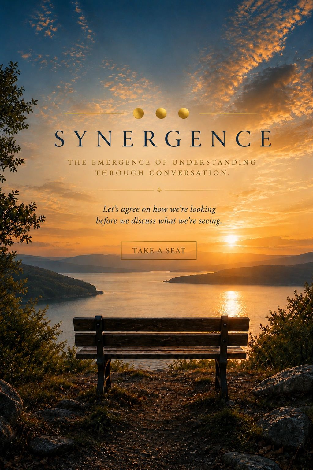 Bench overlooking a sunset lake with a quote on conversation.