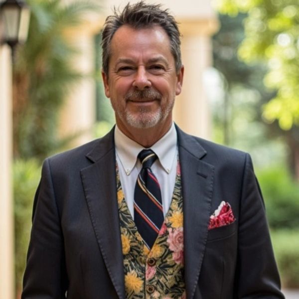 Steve Ulrich, author of Perception, smiling outdoors, wearing a dark suit, patterned vest, and tie.