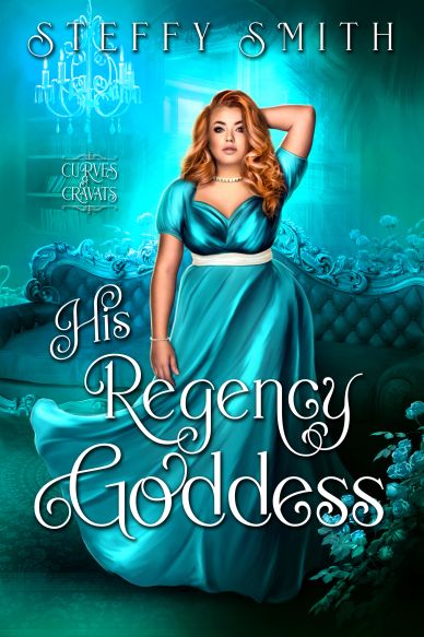A woman in a flowing turquoise dress on a Regency-era styled book cover.