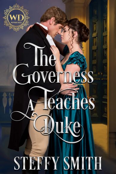 Romantic Regency-era book cover with a governess and duke.