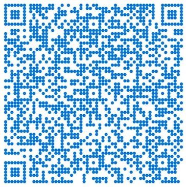 Blue dotted QR code on a white background.