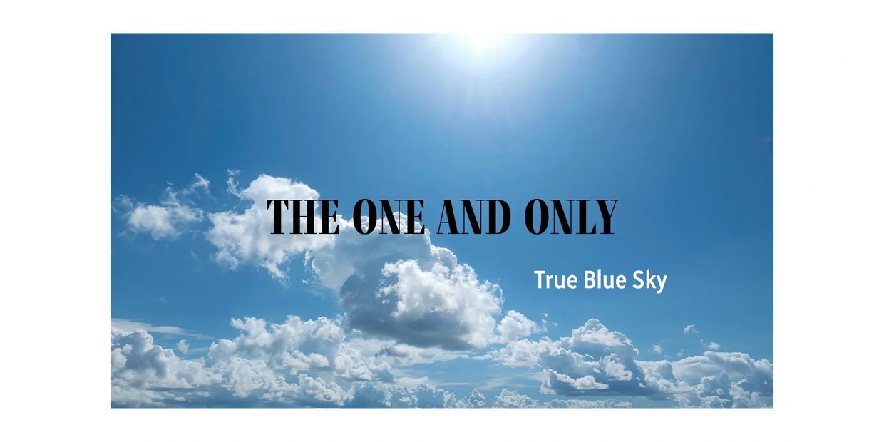 Bright blue sky with fluffy white clouds and bold text overlay.