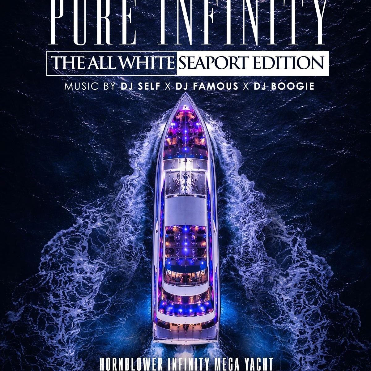 Aerial view of a luxurious yacht illuminated with blue lights at night.