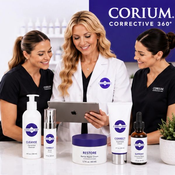 Three women discussing Corium skincare products.