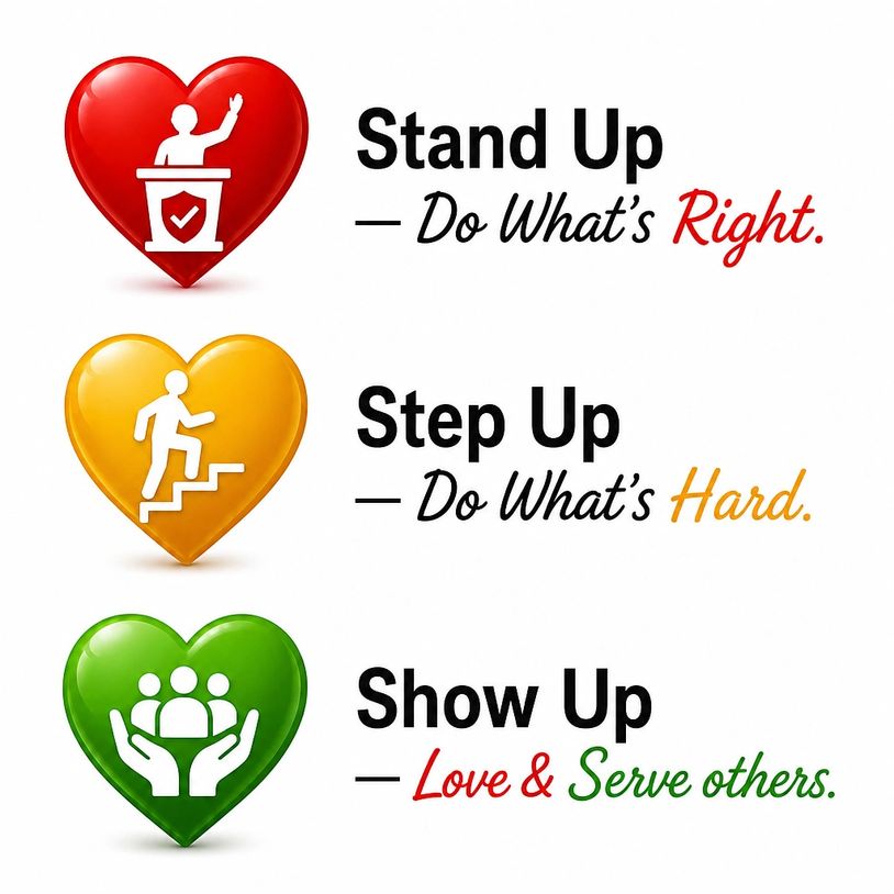 Stand Up — Do What’s Right.
Step Up — Do What’s Hard.
Show Up — Love & Serve others.