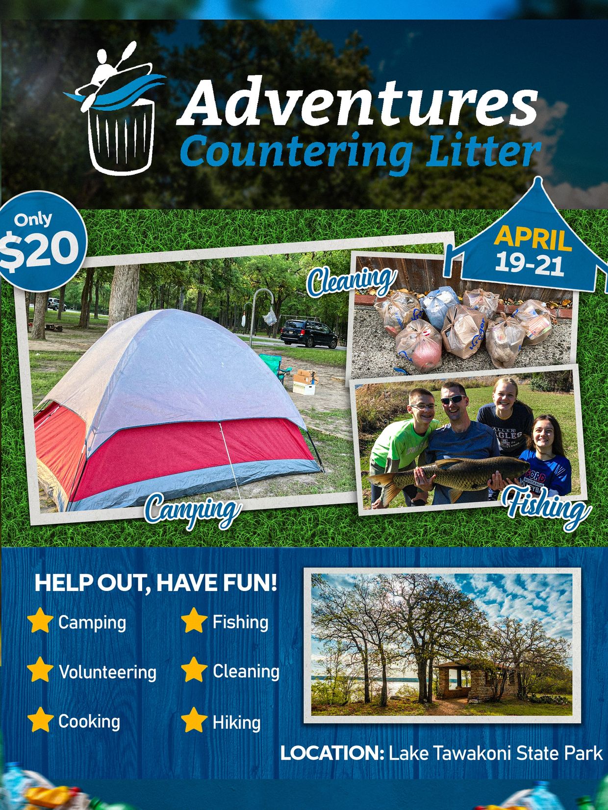 Adventures Countering Litter event with camping, fishing, and cleaning at Lake Tawakoni State Park.