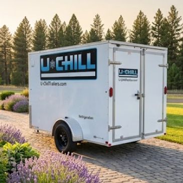 White U-CHILL refrigerated trailer parked on a stone driveway.