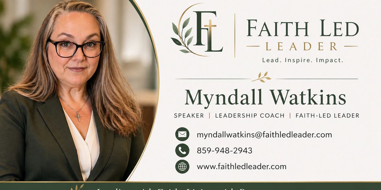 Professional business card for Myndall Watkins, leadership coach and faith-led leader.