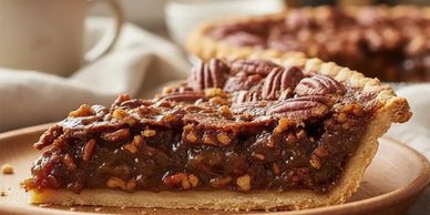 A slice of pecan pie with a golden crust and rich filling.