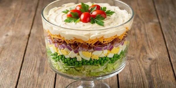 Layered salad in a glass bowl with creamy topping and cherry tomatoes.